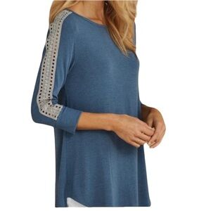 Soft Surroundings Cassidie Ribbed Tunic Top Blue Cream Eyelet Lace trim …